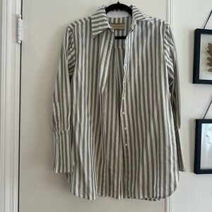 Women's Striped Button Down Shirt - Olive and White